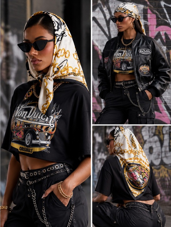 Ed Hardy Accessories - Ed Hardy Tiger Chain Print Satin Scarf Black Gold Y2K Head Wrap